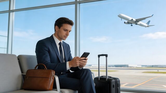 Man in airport lounge with plane flying
