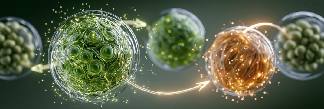 Close medium shot of a vibrant algae cell sphere illuminated by clean futuristic light linked to soybean and sugarcane spheres via glowing arrows on a subtle carbonneutral gradient