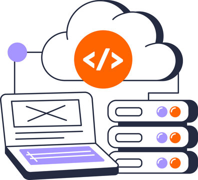 Laptop and cloud with coding icon and server racks for web development vector illustration
