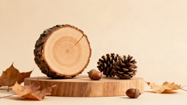 Wood slice acorns and leaves on stand
