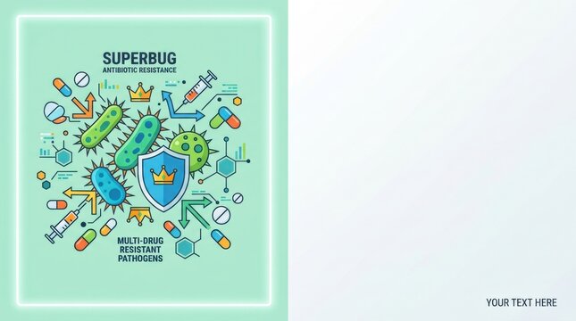 The graphic features a superbug icon and symbols of antibiotic resistance in a vibrant illustration for education and awareness.