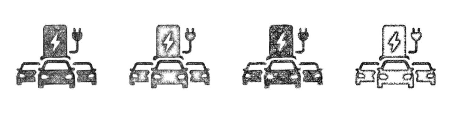 Sketch monochrome electric vehicle fleet icon design set