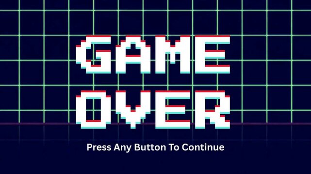 Retro gaming 'Game Over' screen with pixelated text and glitch effect on a futuristic grid background, evoking classic arcade nostalgia and the end of gameplay