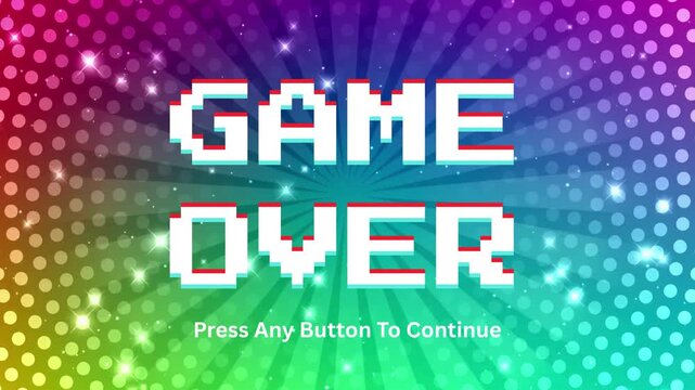 A vibrant pixelated 'GAME OVER' screen set against a colorful, sparkling dotted background, capturing the essence of retro arcade gaming and prompting for continuation