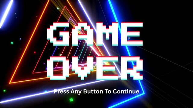 Dynamic retro gaming 'Game Over' screen with pixelated text and vibrant neon geometric shapes, abstract digital interface background for technology and entertainment concepts