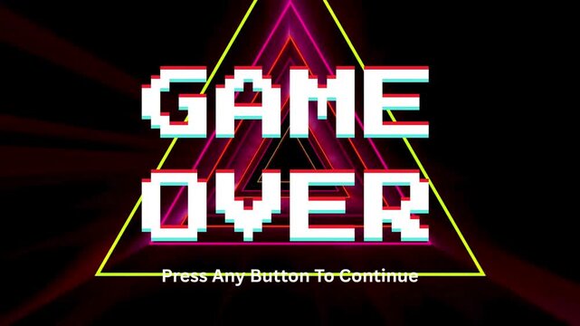 Retro Arcade Game Over Screen with Neon Triangle - Press Any Button To Continue
