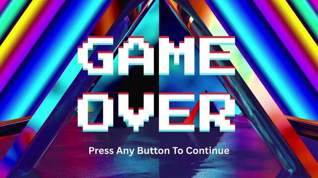 Retro pixelated Game Over screen with vibrant geometric background