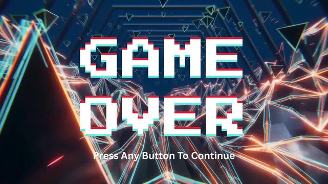 Game Over Screen with Glitch Effect and Abstract Geometric Background
