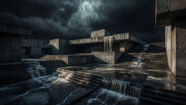 Brutalist concrete architecture with cascading waterfalls, dramatic storm clouds over modern stone structures, dark cinematic urban landscape