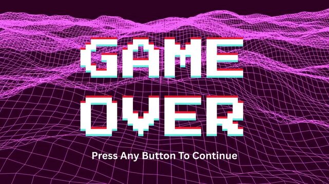 GAME OVER screen with retro glitch effect and digital grid background