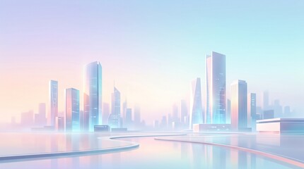 Fototapeta premium Futuristic cityscape at sunset with sleek skyscrapers and misty atmosphere