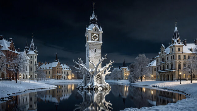 Gothic clock tower in winter night, snowy medieval town square with frozen lake, magical fantasy architecture in blue moonlight