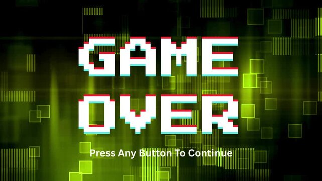 Pixelated Game Over Screen with Glitch Effect and Green Digital Background