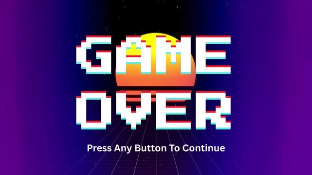 Retro pixelated 'Game Over' screen with vibrant 80s synthwave sunset background, signifying the end of a digital arcade challenge and prompting the player to continue their nostalgic journey
