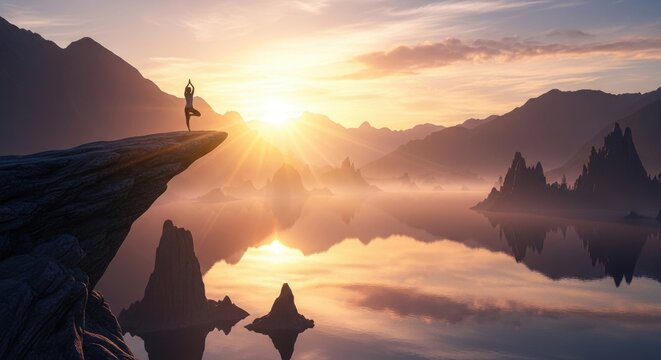 Silhouette of woman practicing yoga on cliff overlooking mountain lake at sunrise