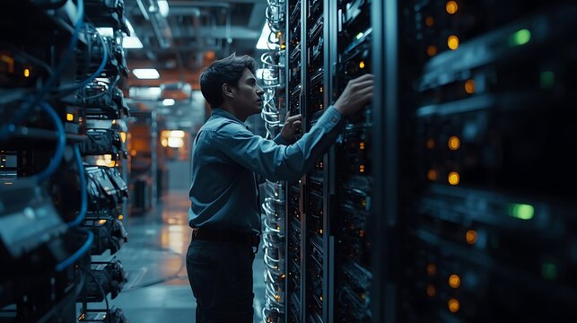IT specialist installing blade servers in high-tech data center with blue LED lighting