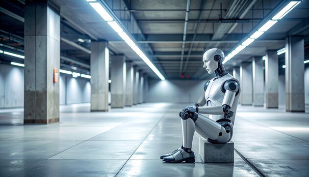 Lonely humanoid robot sitting in empty concrete station under fluorescent lights, symbolizing isolation, technology, and existential reflection in a futuristic urban environment.