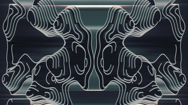 Symmetric 3D animation of white topographic patterns pulsing on a dark teal background. Futuristic mirrored labyrinth with subtle lens flares in a seamless looping abstract motion design