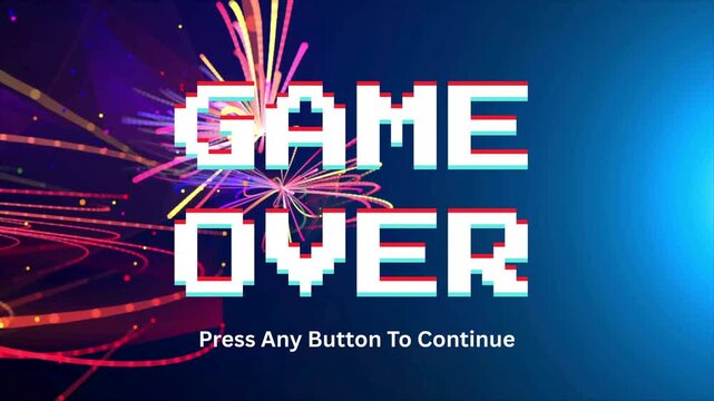 Pixelated Game Over Screen with Abstract Light Effects and a Prompt to Continue