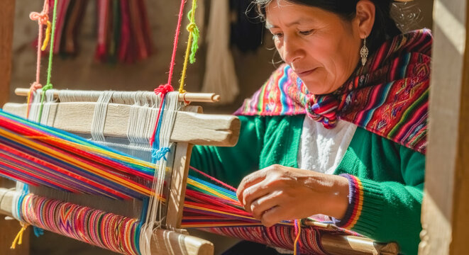 peruvian woman in vibrant traditional andean clothing weaving multicolor textile on a wooden loom in sunlight, indigenous craftswoman