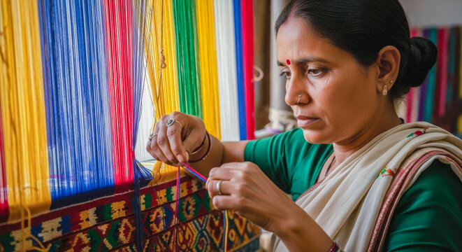 indian woman in saree weaving vibrant geometric ikat textile on a loom with colorful vertical threads, focused traditional craftswoman
