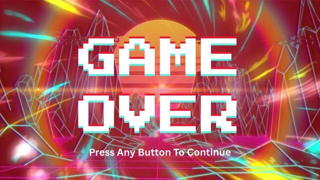 Game Over Screen Displaying Retro Digital Text Over Abstract Neon Mountain Landscape