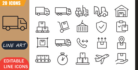 Isolated Freight Logistics Truck Icons Set, 20 editable line art icons set, cargo delivery, warehouse transport, shipping service, freight movement, supply chain, outline vector, simple outline signs © MD.Kawsar Hossan