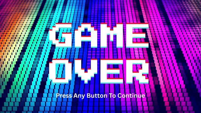 GAME OVER screen with pixelated text and a colorful, abstract background, signaling the end of a game and prompting the player to continue