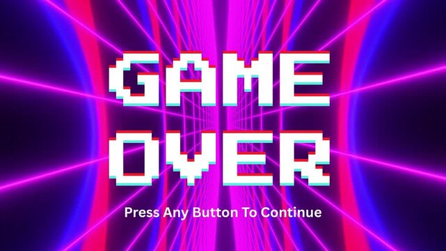 Vibrant pixelated 'GAME OVER' screen in a glowing neon futuristic tunnel, evoking a classic arcade experience with a synthwave aesthetic and vintage gaming nostalgia