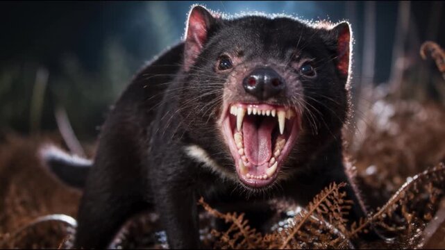 A fierce Tasmanian devil snarls with its mouth wide open as its dark fur ripples slightly while standing among forest ferns, capturing the intense and wild nature of this unique predator.