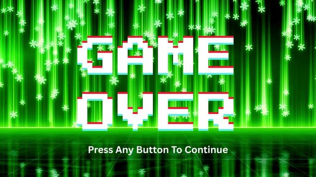 GAME OVER. Press Any Button To Continue. Retro video game screen with pixelated text against a vibrant green background with bokeh lights, signifying the end of a game and a prompt to restart