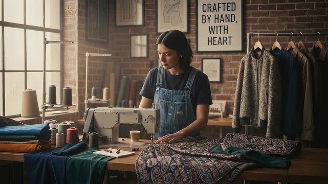 Dressmaker working at sewing machine in studio. Woman creating handcrafted clothing from textile. Small business tailor production process for unique garment design.