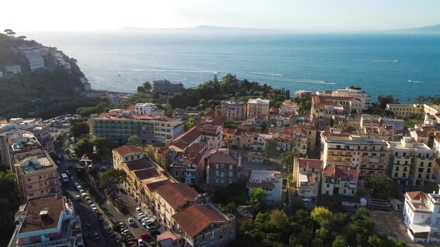 Drone aerial view of Sorrento harbor and coastal city in