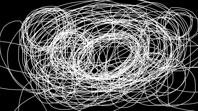 Abstract Chaotic Swirl of White Lines on Black Background - 4K Loop. A mesmerizing, 4K motion background featuring a dense, chaotic tangle of glowing white lines.