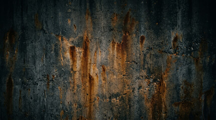 Fototapeta premium A textured wall showcasing dark gray concrete with streaks of rust, highlighting the beauty of decay and urban aesthetics.