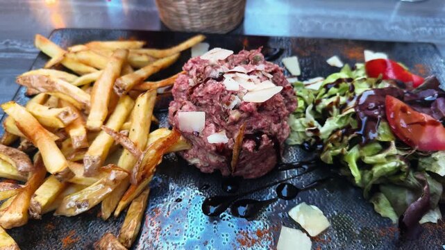 Steak tartare topped with parmesan cheese, served with French fries and fresh green salad. Gourmet restaurant meal. High quality 4k footage
