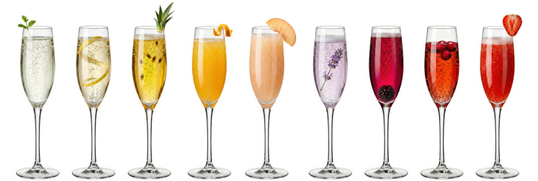 premium sparkling wine champagne cocktail collection banner with colorful fruit garnishes in crystal flute glasses on transparent background