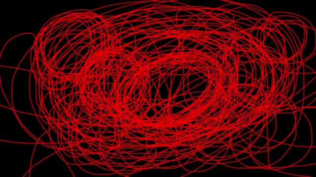 Abstract Chaotic Swirl of  red Lines on Black Background - 4K Loop. A mesmerizing, 4K motion background featuring a dense, chaotic tangle of glowing white lines.