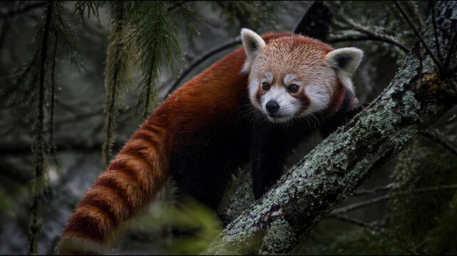 A majestic red panda rests peacefully on a mossy tree branch within a dense forest, its thick fur gently ruffling in the breeze while it surveys the surrounding wilderness with curious eyes.