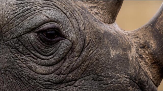 A macro close up of a rhinoceros eye and textured leathery skin with the animal shows the detailed blinking eye of a wild creature, perfect for nature documentaries and wildlife conservation.