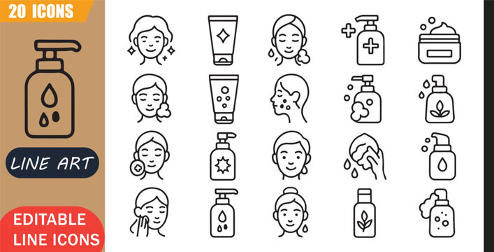 Isolated Facial Cleanser Skincare Icons Set, 20 editable line art icons set, face wash, healthy skin, beauty routine, cosmetic care, self care, outline vector, simple outline signs