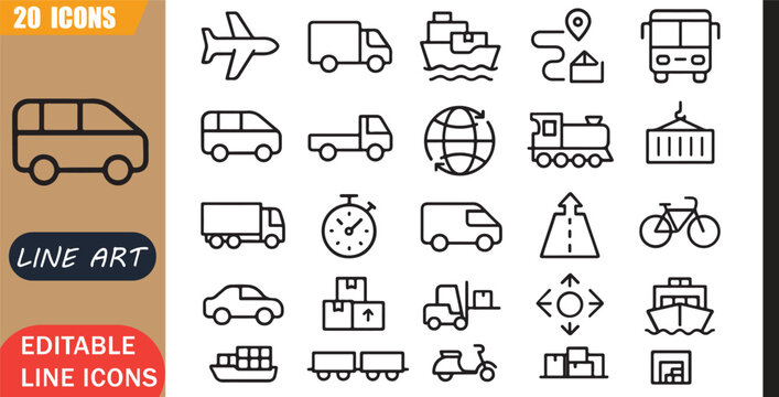 Isolated Transport Logistics Icons Set, 20 editable line art icons set, delivery movement, cargo shipping, travel vehicle, mobility transport, freight service, outline vector, simple outline signs