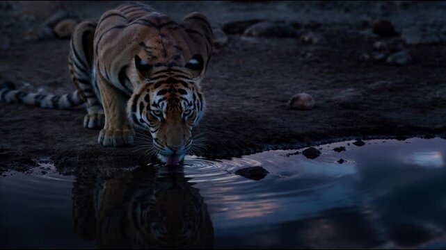 A majestic tiger crouches at the edge of a dark pool while its tongue is lapping the water, showcasing a powerful predator drinking from a reflective pond during a calm twilight evening.