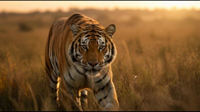 Majestic tiger stalks slowly through tall dry savanna grass at sunset with its striped fur rippling in the golden light, capturing the powerful essence of a predator in the wild wilderness.