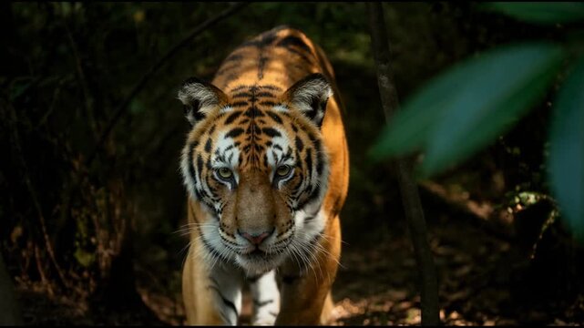 A majestic tiger stalks forward through a dense shadowed jungle, its whiskers twitching as it prowls through the dark forest undergrowth toward the camera in a display of raw power and grace.