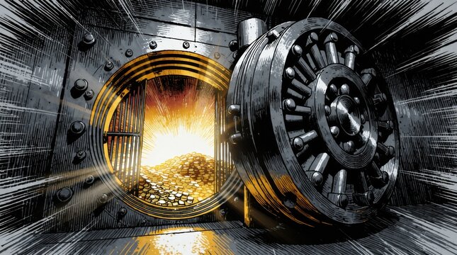 金庫の扉が開いて、輝く金の山が見えるグラフィックリソース