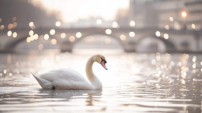 Swan on river under bridge at dawn