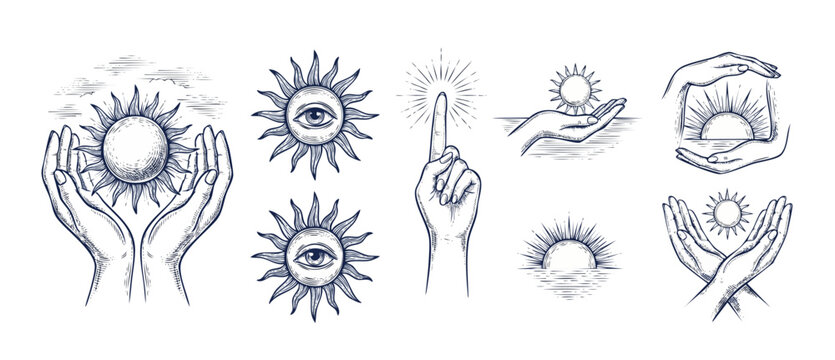 Mystical celestial hand sun illustration set featuring esoteric spiritual line art icons, alchemy occult symbols with all seeing eye, retro engraving sketch style vector elements for tarot astrology d