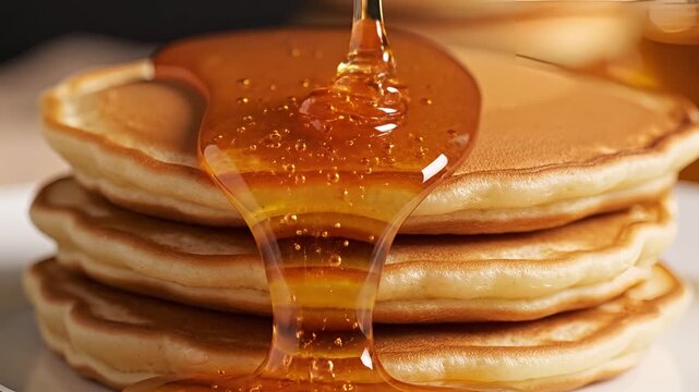 Delicious Stack of Pancakes Drizzled with Golden Syrup Closeup 4.