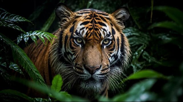 A majestic tiger stares intensely from within the dense rain drenched jungle foliage, showcasing the powerful predators piercing gaze and raw beauty in its natural tropical habitat.